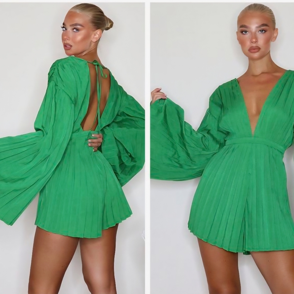 PrettyLittleThing Satin Plunge Pleated Romper